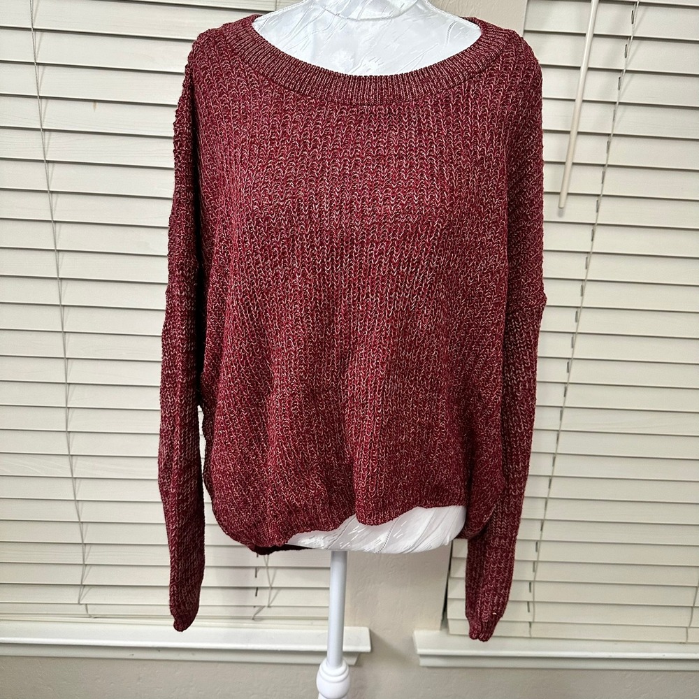 Express Sweater Womens Med Burgundy Open Back Twist Knit Chunky Marl Oversizec‎